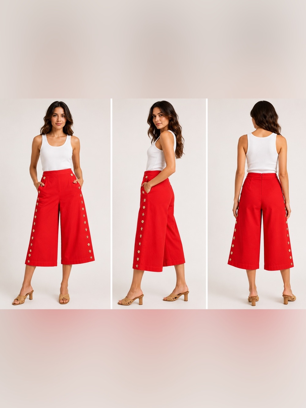 Corey Lynn Calter Red Wide Leg Cropped PantsXL Cotton Nautical Shell Embellished